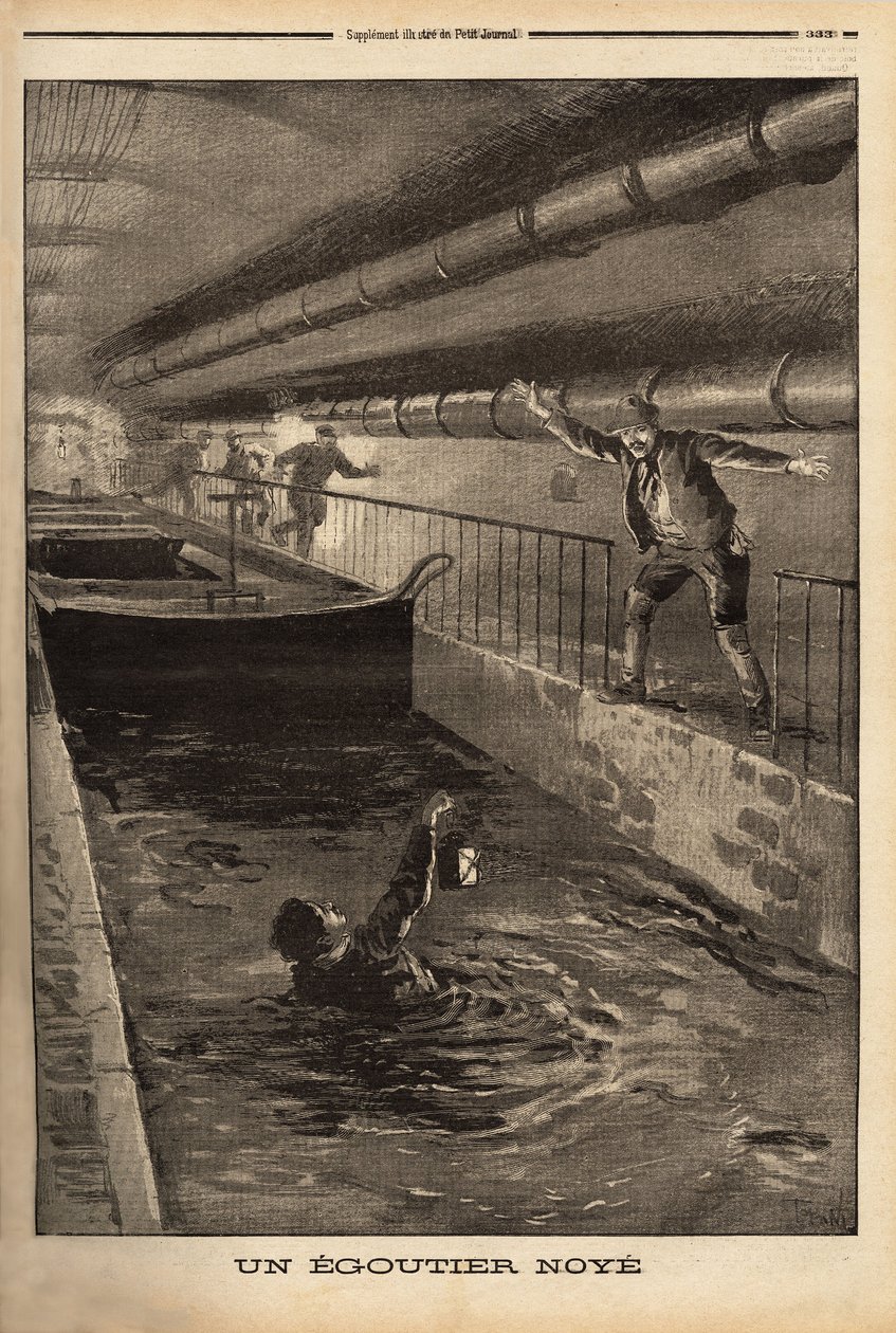 Um segutter de Paris é afogado pela limpeza de uma derivação fangosa. Gravura no "Le petit journal" 15/9/1899. Coleção Selva. de Unknown artist