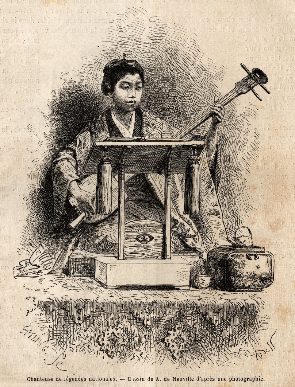 Uma cantora de lendas nacionais, tocando shamisen para acompanhar sua canção, sentada atrás de sua mesa. Gravura para ilustrar a viagem ao Japão, em 1863-1864, de Aime Humbert, ministro da Confederação Suíça, em "Le tour du monde, nouveau journal des voyag de Unknown artist