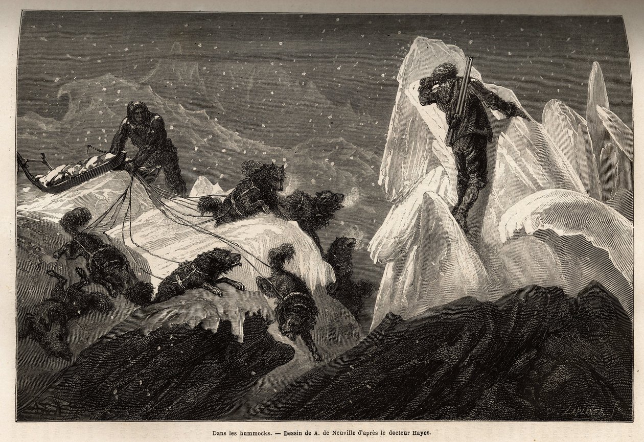 Um trenó e sua tripulação perdidos nos Hummocks, blocos de gelo rasgados que animam a superfície do bloco de gelo. Gravura para ilustrar a viagem ao mar livre do pólo Ártico, pelo Dr. Hayes, cirurgião da Marinha dos Estados Unidos, em 1860-1862, publicada  de Unknown artist