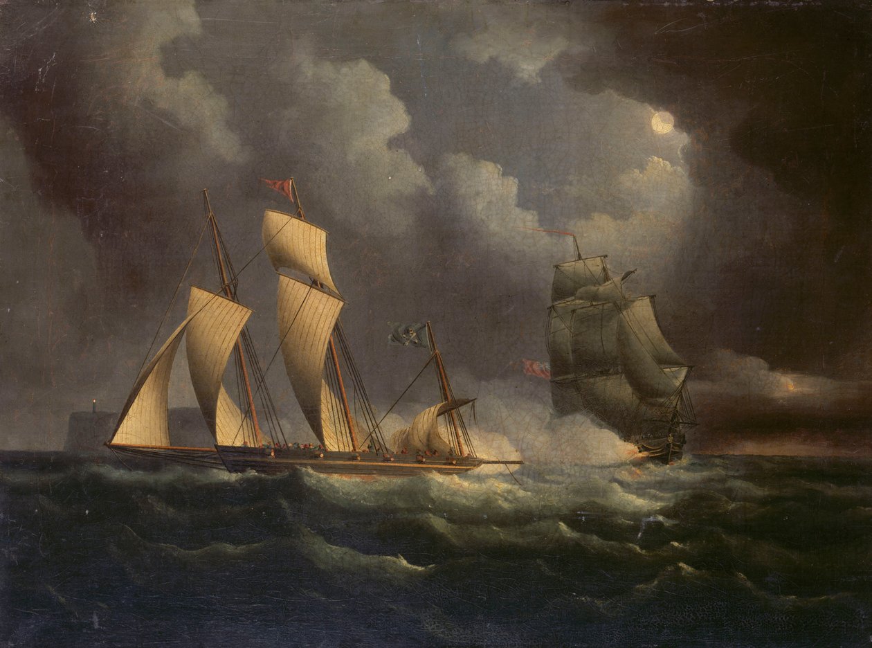 Um lugre de contrabando perseguido por um brigue naval, c.1825 (óleo sobre tela) de Unknown artist