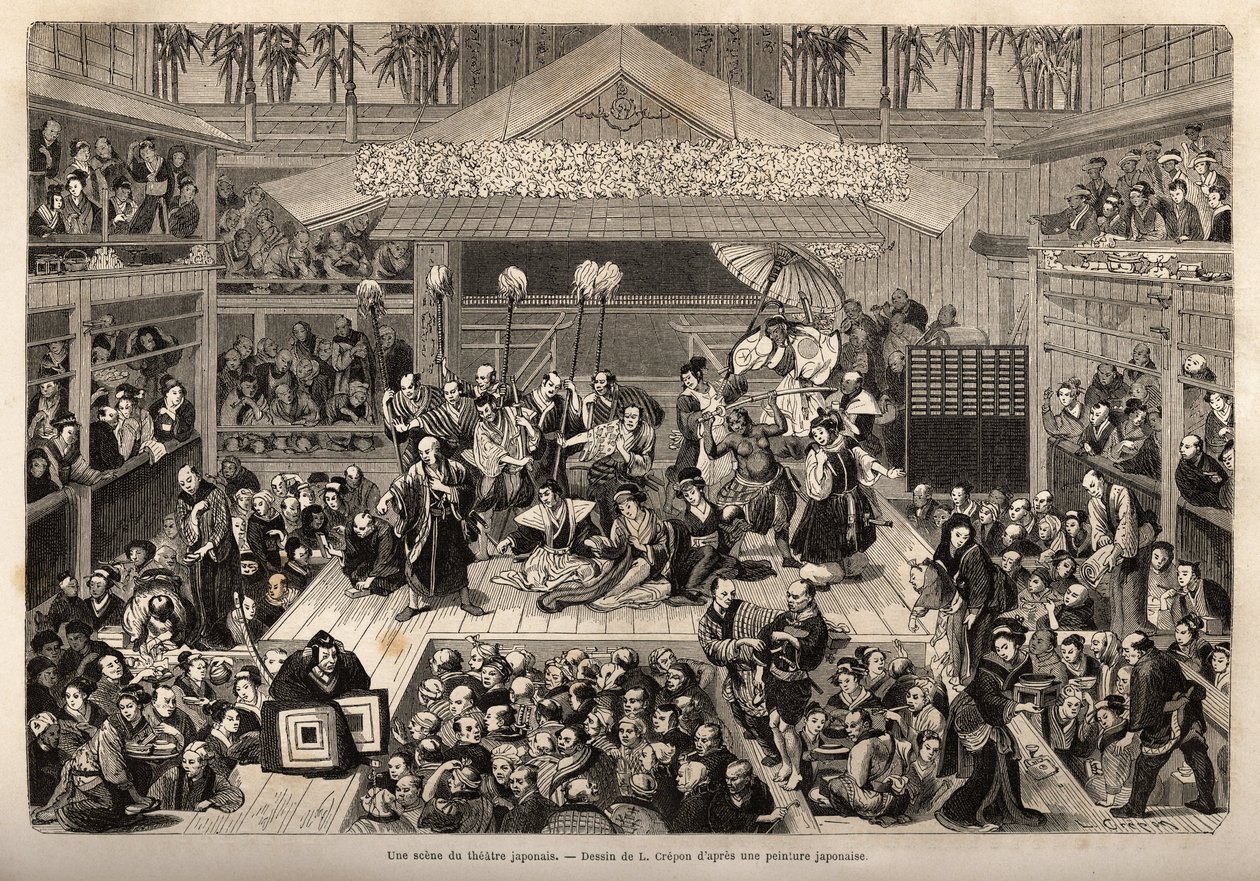 Um palco do teatro japonês, em Yokohama, com três galerias para a recepção dos espectadores; os actores actuam num palco alto, cada um acompanhado por um homem segurando um longo pau no final do qual se segura uma vela; durante a actuação, não é inco de Unknown artist