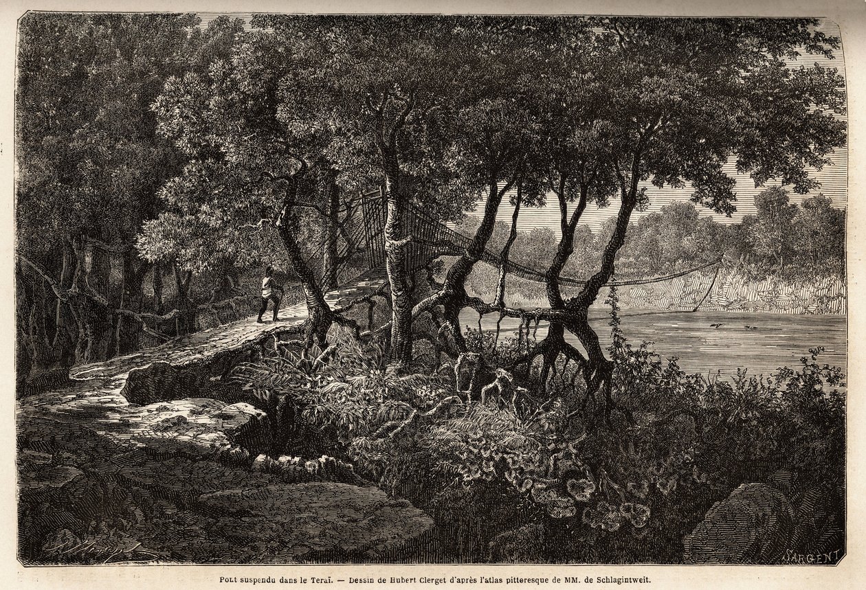 Uma ponte suspensa no Terai ("Wetland"), esta área de prados marecagosos forma a base dos Himalaias e faz fronteira com o Nepal ao sul da fronteira com a Índia. Gravura para ilustrar a exploração da Alta Ásia de 1854 a 1857, pelos irmãos de Schlagintweit, de Unknown artist