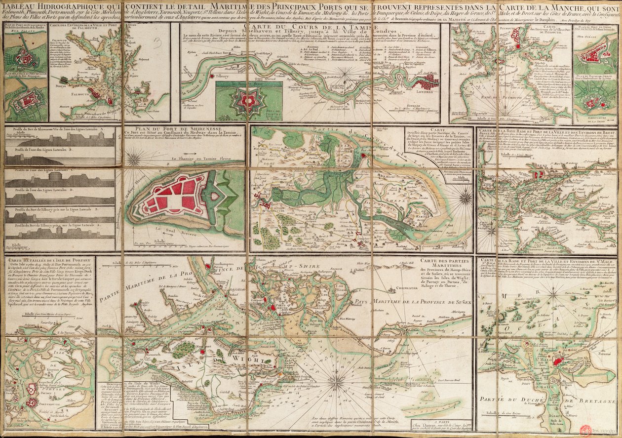Um quadro com os pormenores dos principais portos marítimos representados no mapa do Canal da Mancha, c.1780 (papel, linho) de Unknown artist