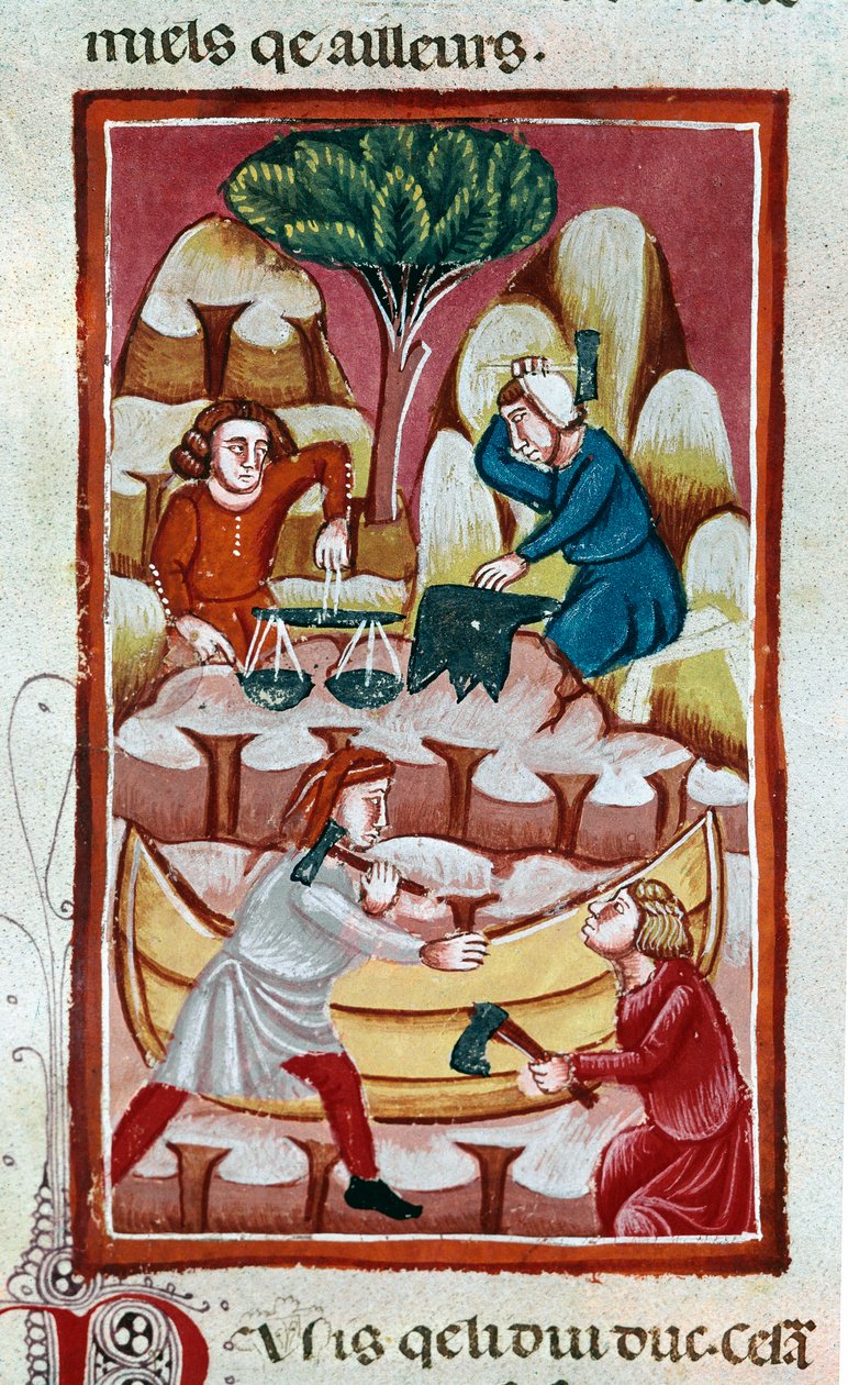 Um comerciante usando uma balança, um ferreiro atacando uma bigorna, dois trabalhadores trabalhando em um barco em um estaleiro naval. Miniatura tirada de "Os Fatos dos Romanos" Veneza do século XIII, biblioteca Marciana de Unknown artist