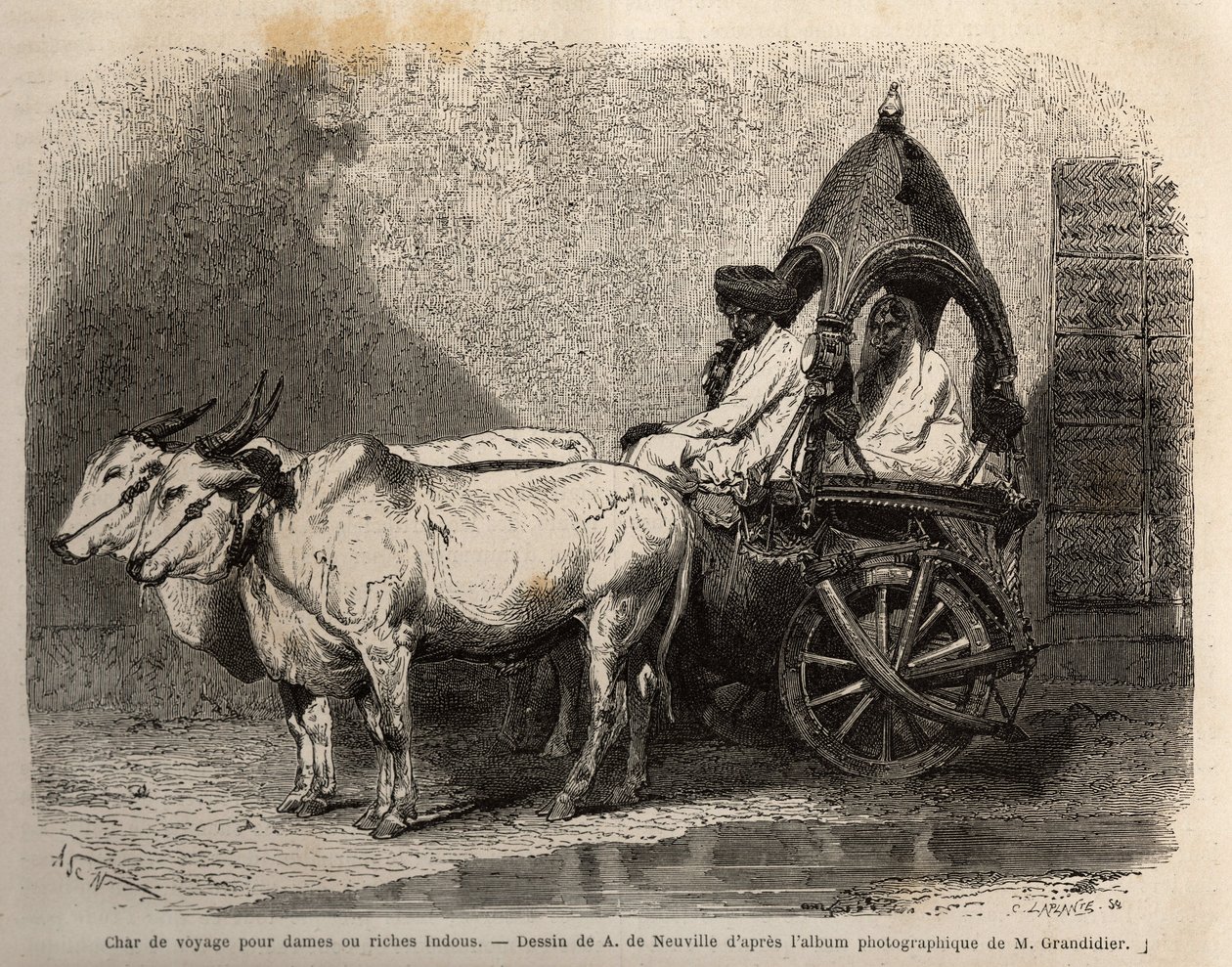 Um tanque de viagem disparado por dois bois brancos, para senhoras ou hindus ricos. Gravura para ilustrar a viagem nas províncias meridionais da Índia, de Alfred Grandidier, em 1862-1864, publicada em "le tour du monde", sob a direcção de D