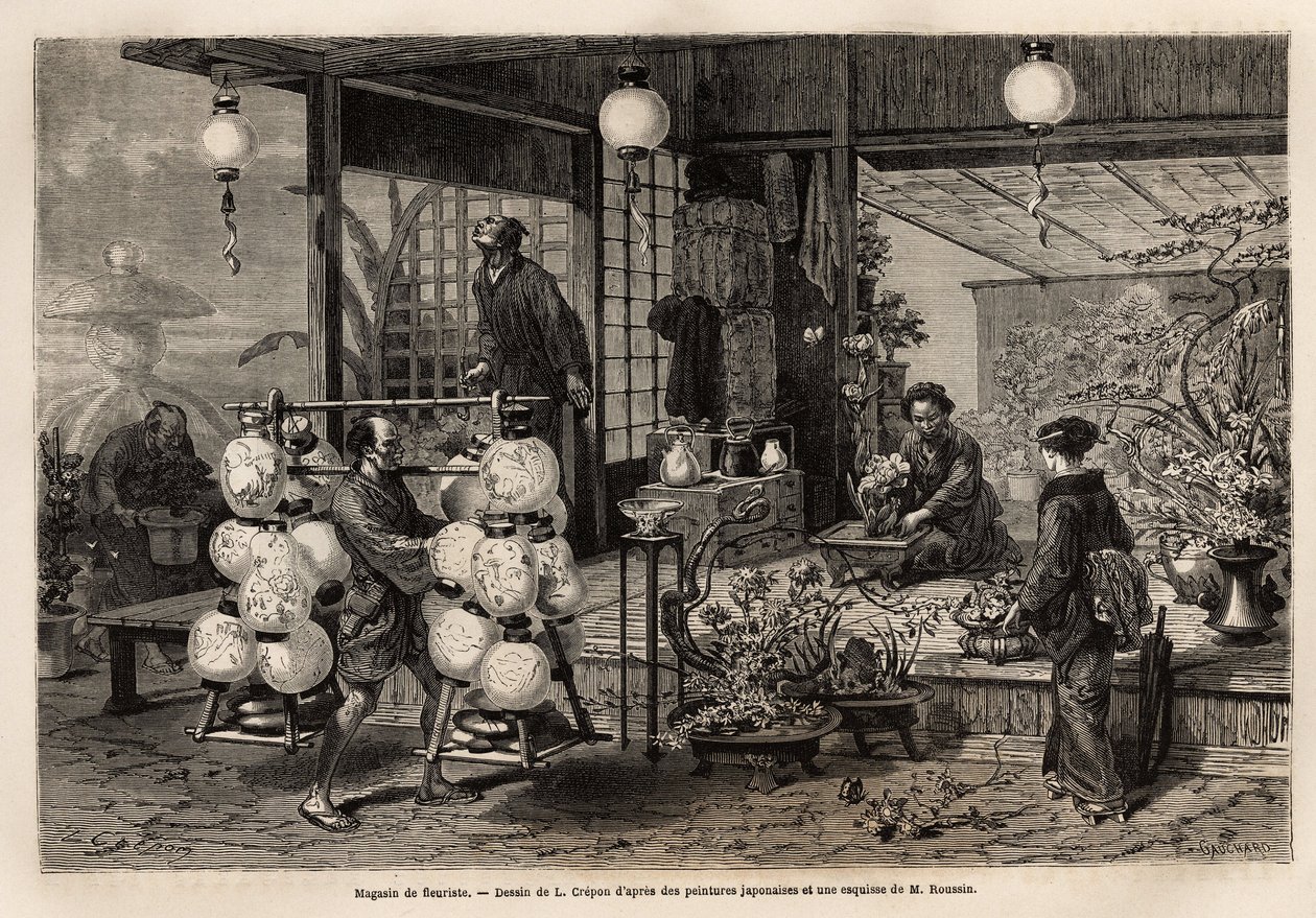 Um vendedor ambulante de lanternas pintadas passa por uma florista em Yedo (ou Edo, hoje Tóquio), onde uma mulher cria uma composição de flores grandes, enquanto o tamanho do bonsái é uma arte masculina. Gravura para ilustrar o Japão, história de viagem de de Unknown artist