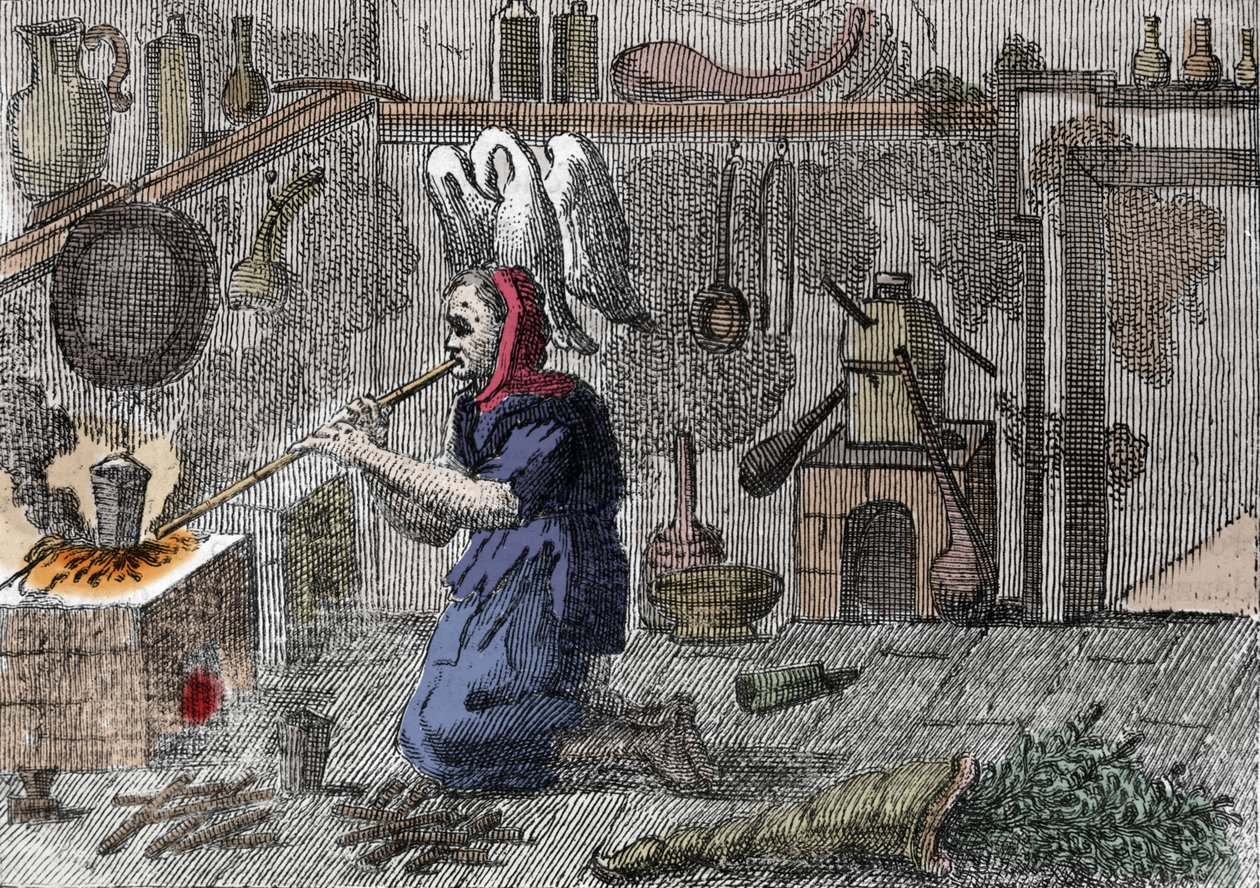 Uma bruxa no seu laboratório a preparar uma poção mágica, uma buzina cheia de ervas mágicas. Gravura do século XVI de Unknown artist