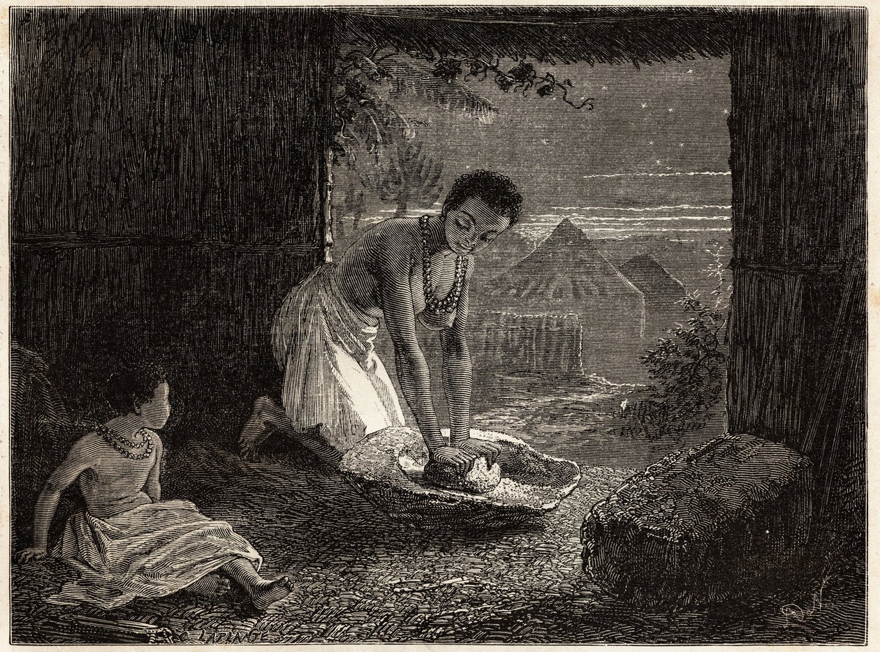 O moinho é composto por um bloco estacionário de granito em forma de calha e um pedaço de quartzo convexo. Gravura para ilustrar as primeiras viagens do Dr. Livingstone à África Austral entre 1840 e 1856, em "Le tour du monde de Unknown artist