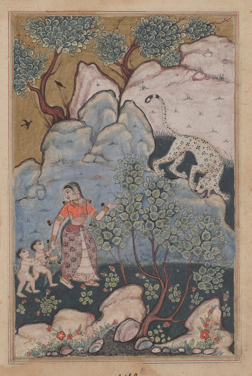 Uma mulher com dois filhos, tendo abandonado sua casa, vai para a floresta onde encontra um leopardo, de um Tuti-nama (Contos de um Papagaio): Trigésima Noite de Unknown artist