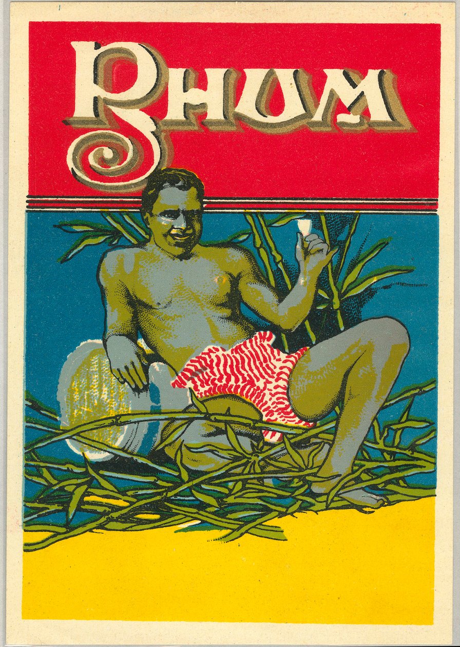 Um jovem negro desnudo segurando um copo de rum (anúncio) (Cromolitografia de Unknown artist