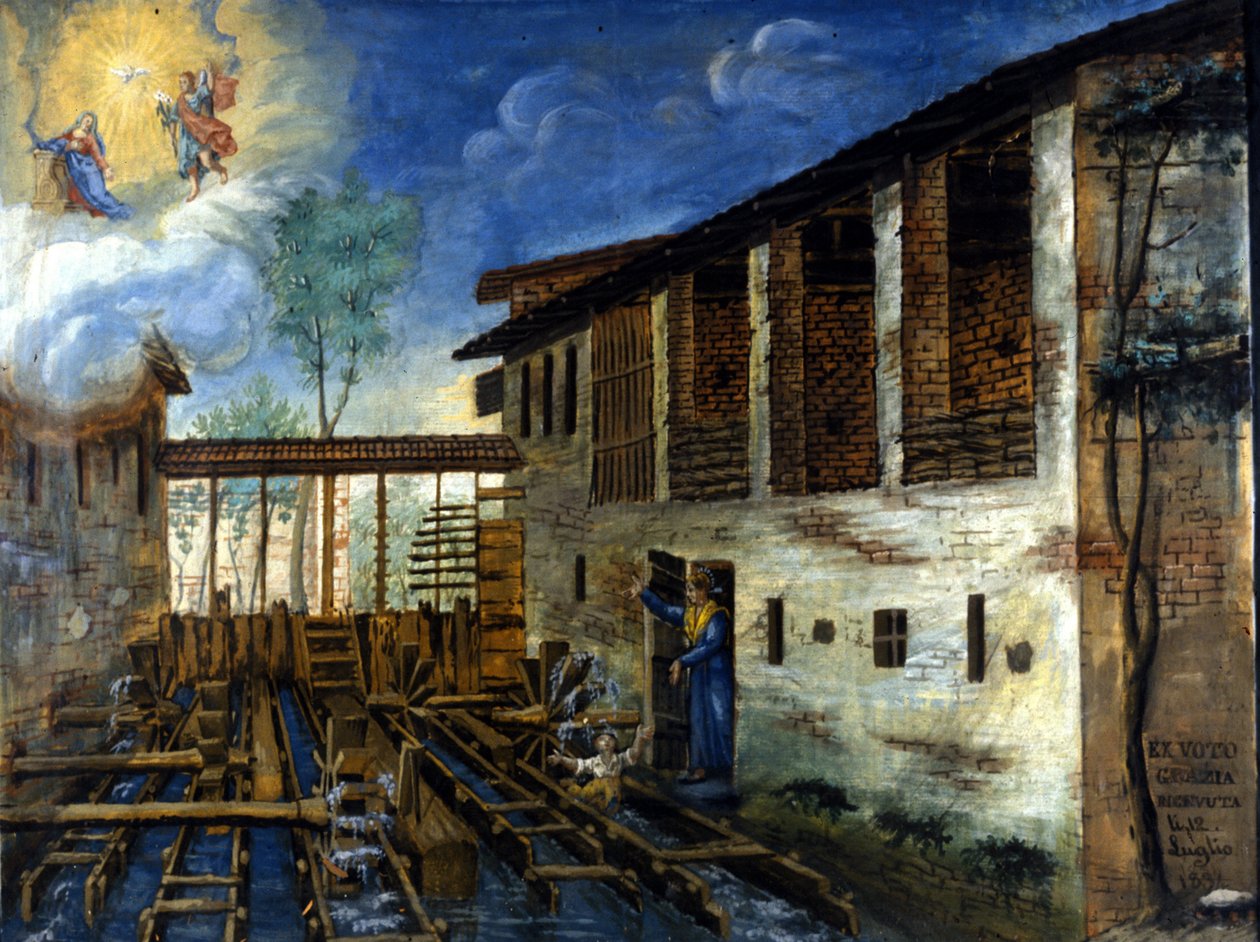 Uma criança pequena salva das paletes de um moinho de água. de Unknown artist