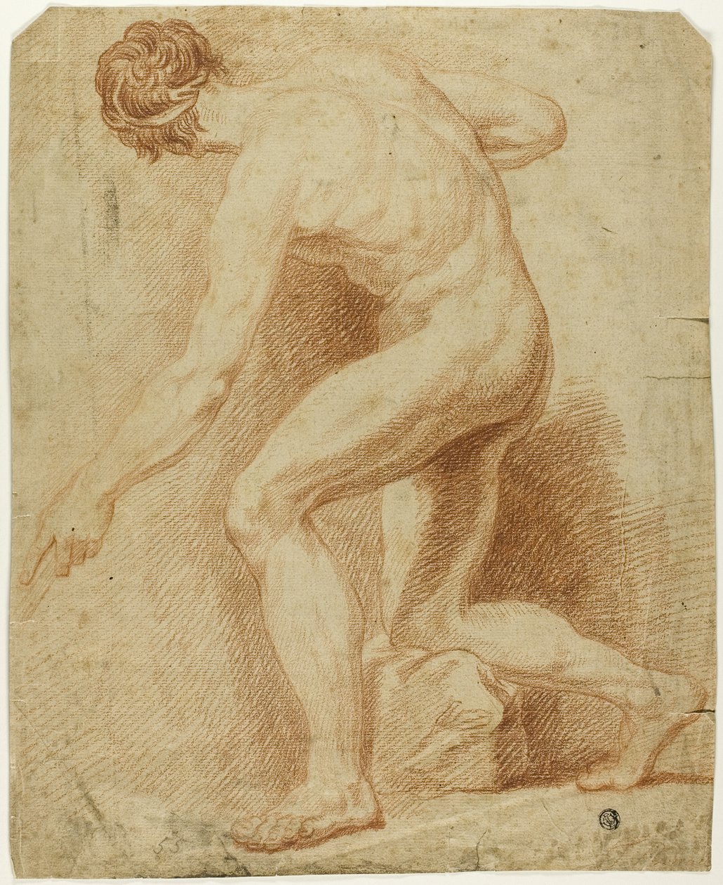 Nu masculino académico, meio ajoelhado e visto de costas de Unknown artist