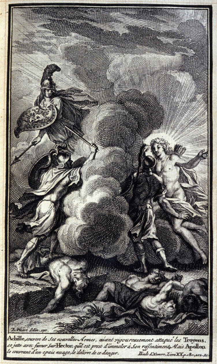 Aquiles, coberto com suas novas armas, tendo atacado rigorosamente os troianos, atirou-se com fúria a Héctor, a quem estava pronto para massacrar com seu ressentimento, mas Apolo o cobriu com uma espessa nuvem o delírio desse perigo. Ilustração do livro de Unknown artist