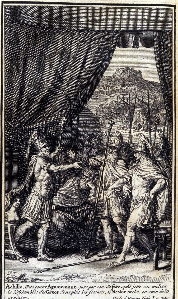 Aquiles, irritado contra Agamenón, jura por seu cetro que joga no meio da assembléia dos gregos para não ajudá-los; e Nestor mancha em vão para apaziguá-los. Ilustração do livro I da Ilíada de Homero, edição francesa de Unknown artist
