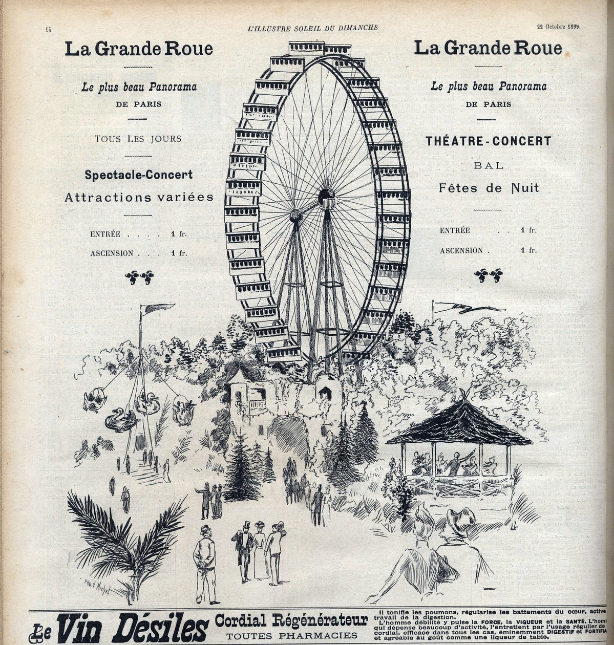 Publicidade para a Roda Gigante em Paris oferecendo o panorama mais bonito da cidade por 1 franco. Gravação em "Le sun-du-dimanche". de Unknown artist
