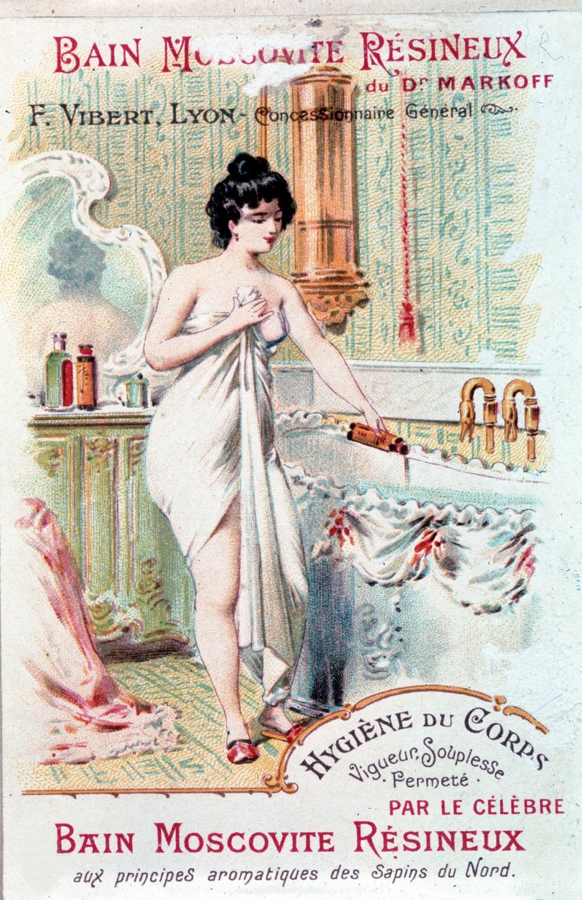 Publicidade para o banho Muscovite Resineux, para a higiene do corpo: uma jovem mulher deitou um óleo de banho na sua banheira. 1890. de Unknown artist