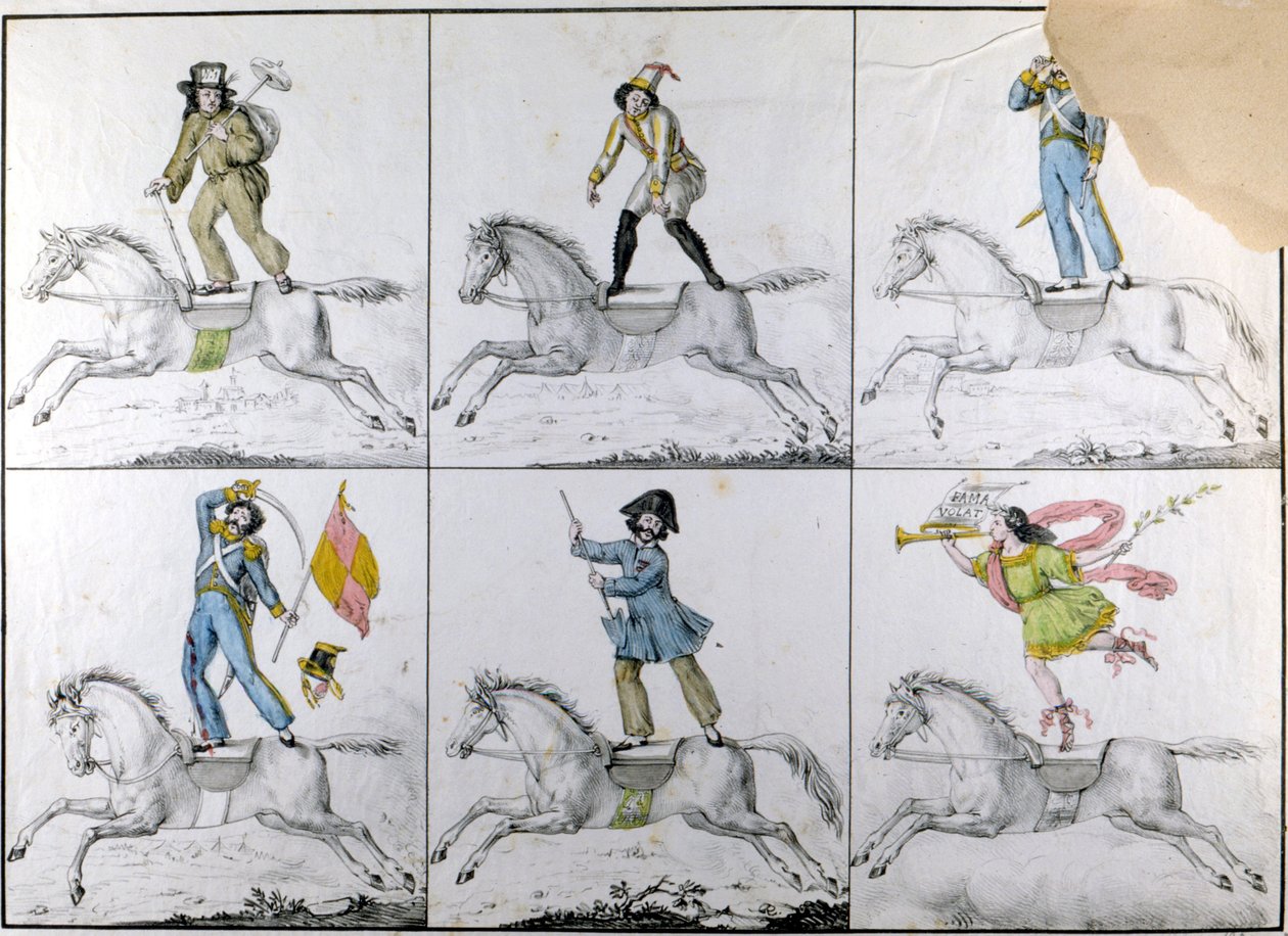 Aerobática: Exercícios acrobáticos a cavalo. Gravura de Unknown artist