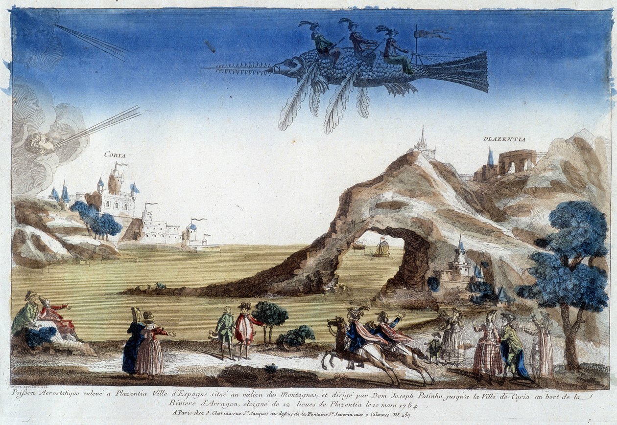 Peixe aerostático criado em Plazentia, Espanha, dirigido por Dom José Patinho, voando para a cidade de Coria nas margens do rio Arragon (12 léguas de Plazentia) em 10 de março de Unknown artist