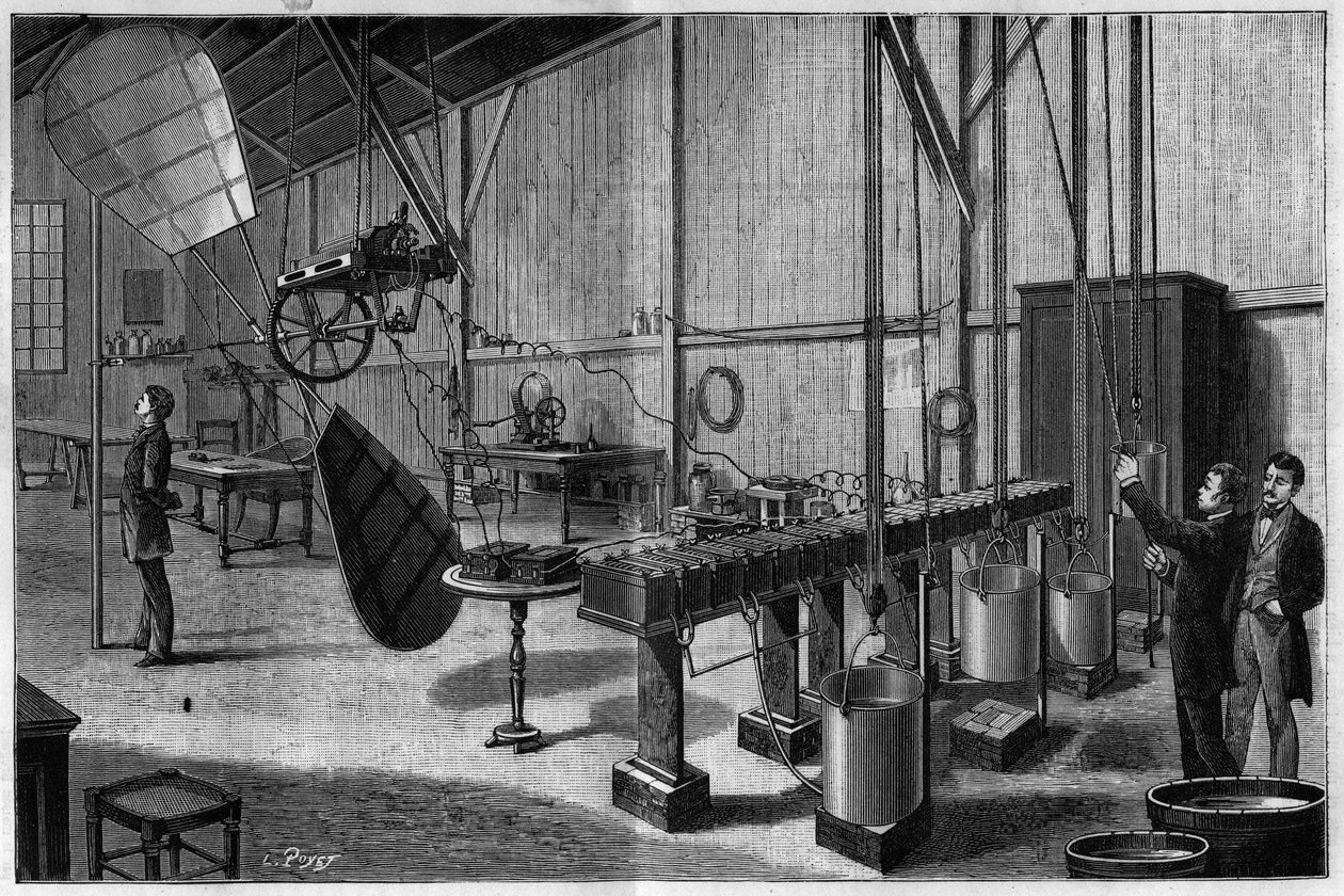 Oficina aerostática de Tissandier freres: Vista geral de uma hélice com duas paletes helicoidais operadas por uma máquina elétrica Siemens dynamo e uma bateria de baterias de bicromate potássio leve. Gravura de 1883. em "La Nature. Revisão das ciências e d de Unknown artist