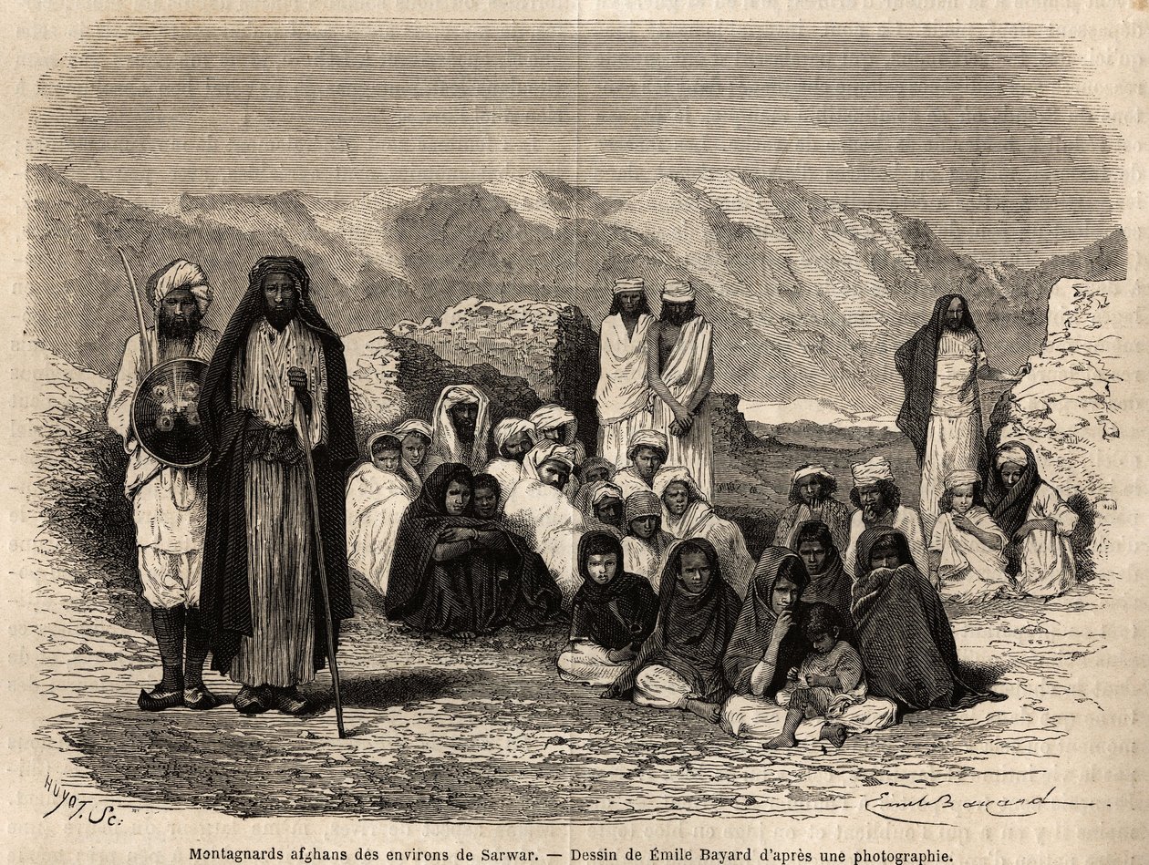 Montagnards afegãos perto de Sarwar. Gravura para ilustrar a viagem a Pandjab e Caxemira, história de Guillaume Lejean, em 1866, publicada no "Le tour du monde, nouveau journal des voyages", sob a direcção de Edouard Charton de Unknown artist