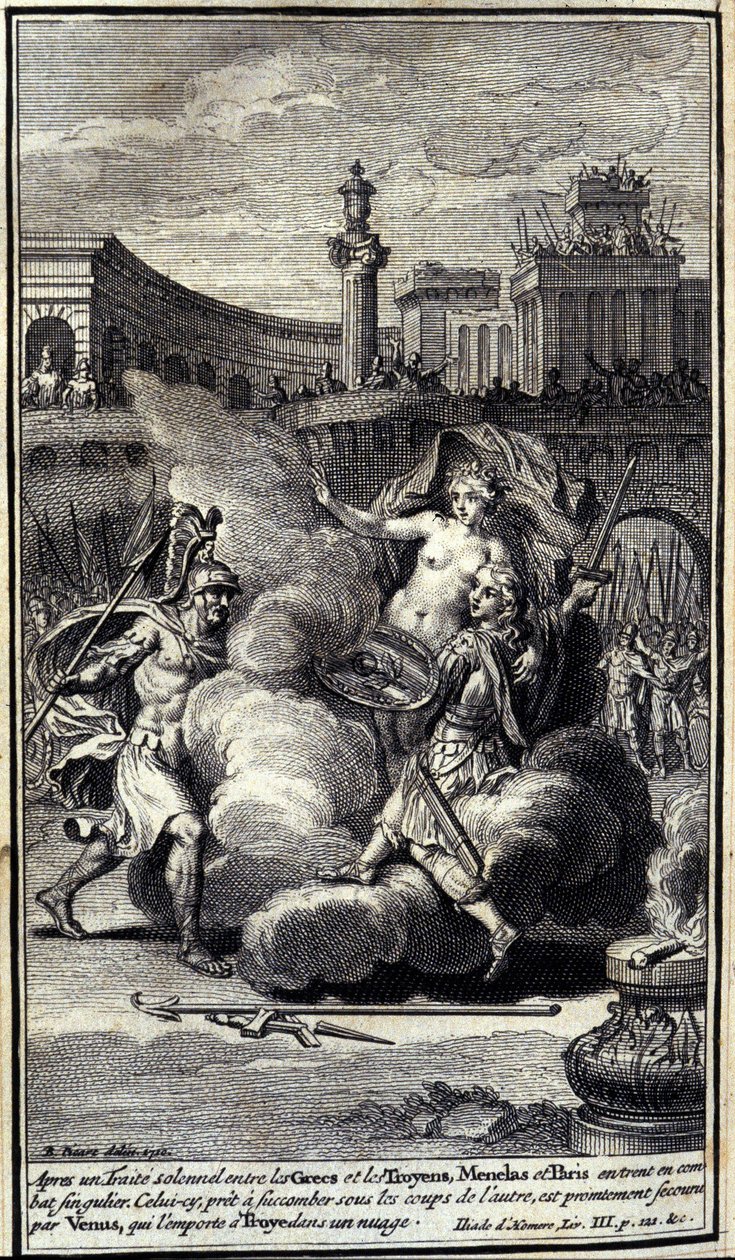 Após um acordo solene entre os gregos e os troianos, Menelas e Paris entraram em uma batalha singular. Esta, pronta para sucumbir sob os golpes do outro, é resgatada por Vênus que vence Troyes em uma nuvem. Ilustração do livro III da Ilíada de Casa de Unknown artist