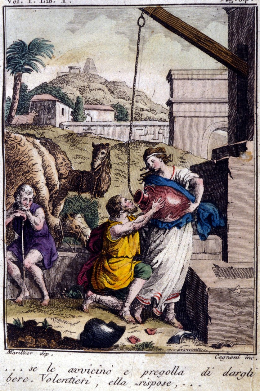 Ágar para o poço: Aproximo-me dela e peço-lhe para dar uma bebida. Ela vai responder... Gravura do início do século XIX. de Unknown artist