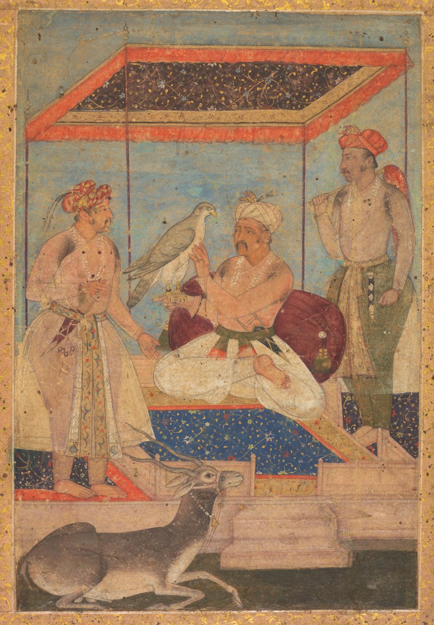 Akbar e Jahangir examinam um falcão Ghir enquanto o príncipe Khusrau fica atrás de Unknown artist