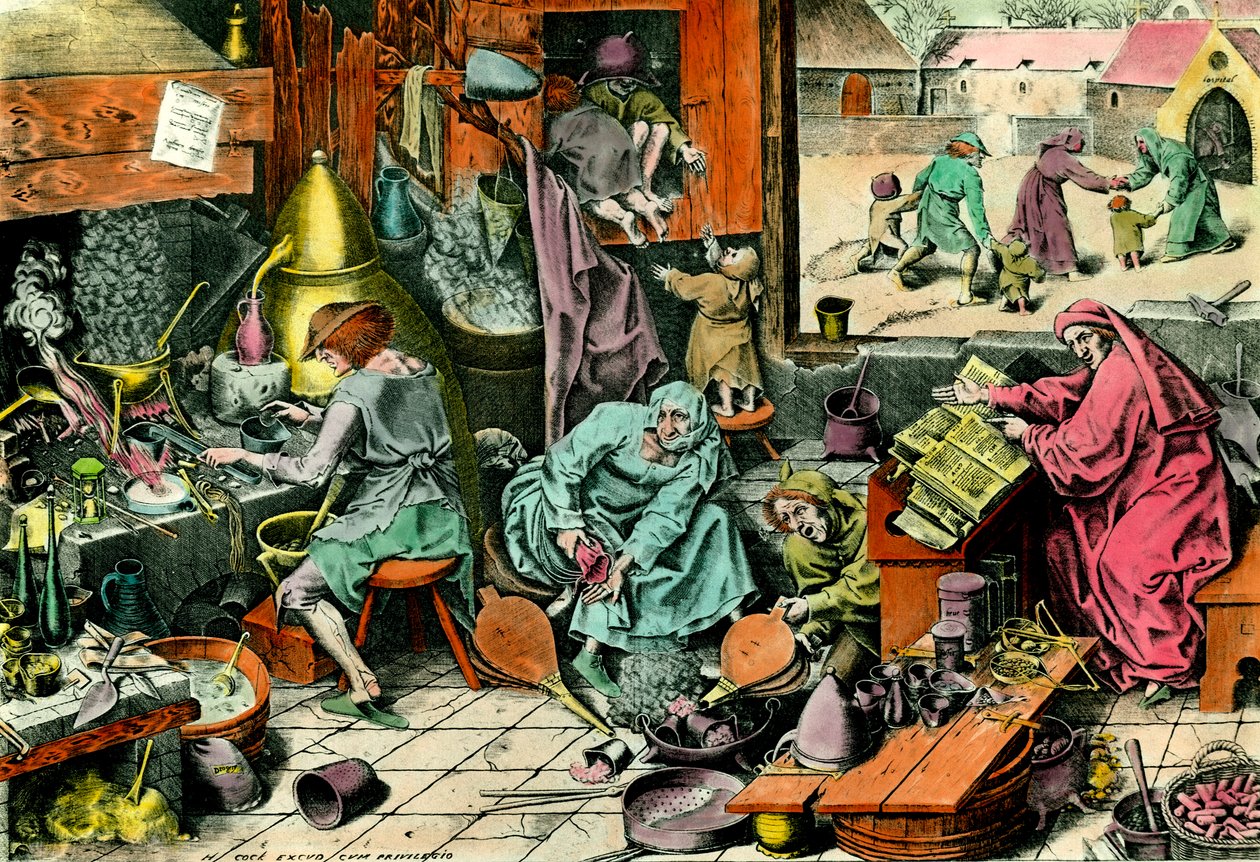 Laboratório de Alquimia Um alquimista que consulta um grimoire. Gravura da Colecção Privada do século XVI de Unknown artist