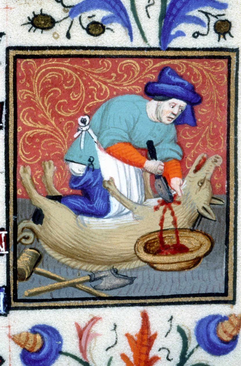 Representação alegórica de Dezembro. Um carniceiro mata um porco. Miniatura de um manuscrito do século XIV. de Unknown artist