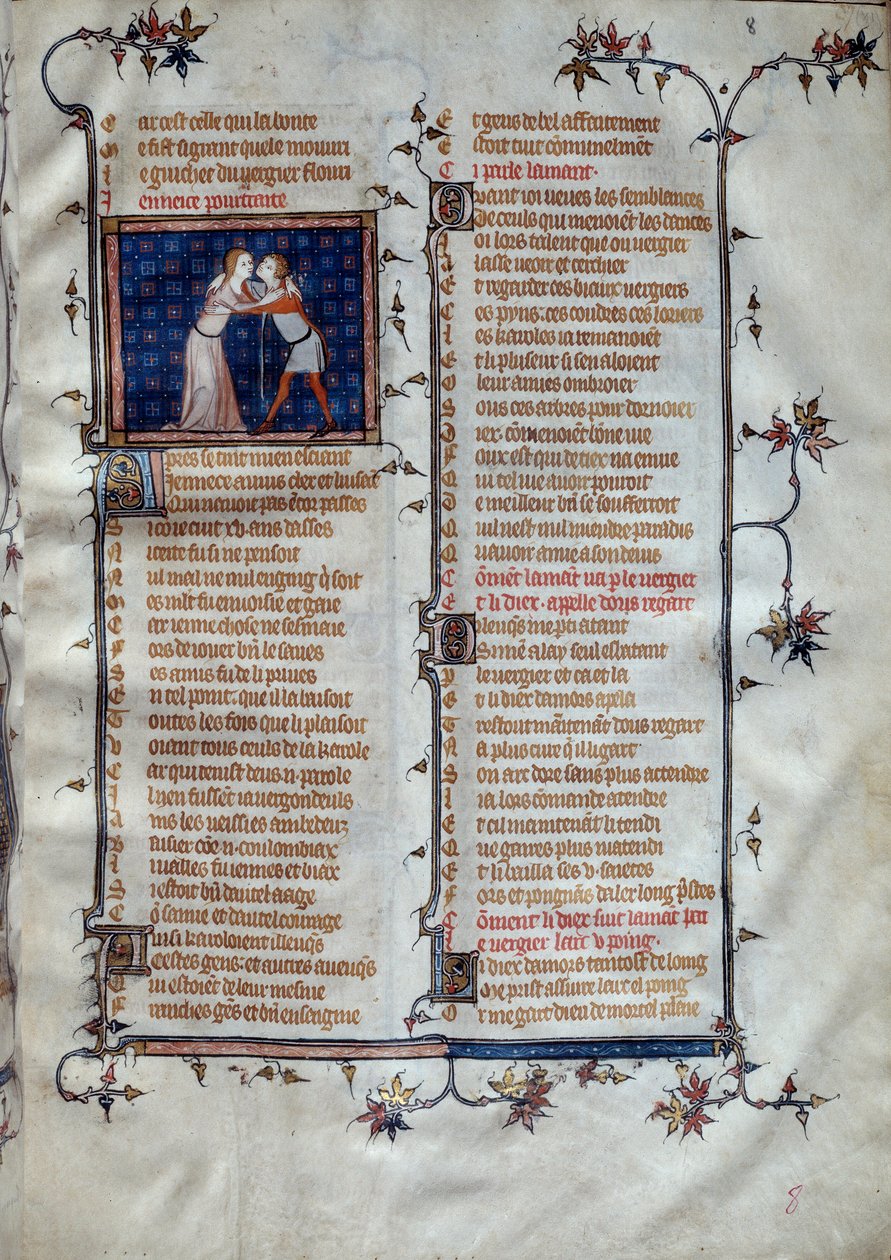 Alegoria da Miniatura Jovem em "Roman de la rose" de Jean de Meun, Jean de Meung ou Jean Chopinel, Jean Clopinel (c.1240-1305), cerca de 1370. Paris, Bibliotheque sainte Genevieve de Unknown artist