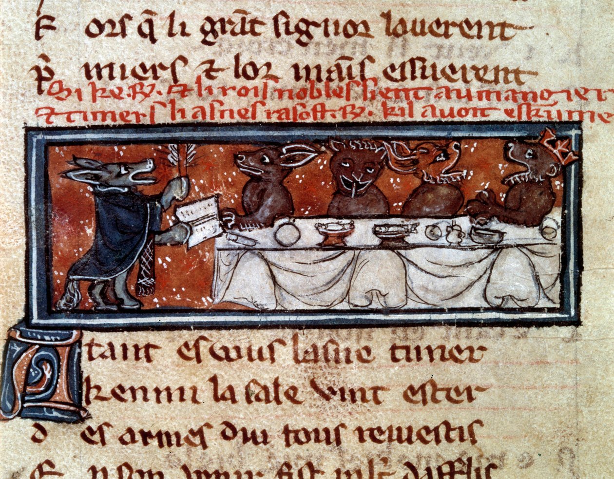 Alegoria sobre a sociedade da Idade Média: "À mesa do nobre rei". Animais em postura humana retratando uma cena de banquete com um rei e seus cortesãos. Miniatura do manuscrito "O romano De Renart Le Nouvel" de Jacquemart Gielee de Unknown artist