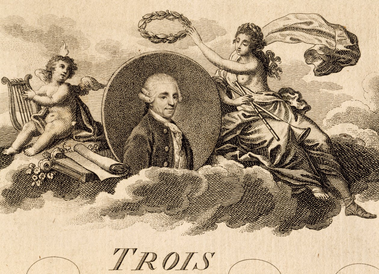 Alegoria de Franz Joseph Haydn (1732-1809) na página de título da partitura de Três Quartetos, Opus 75, Livro I de Unknown artist