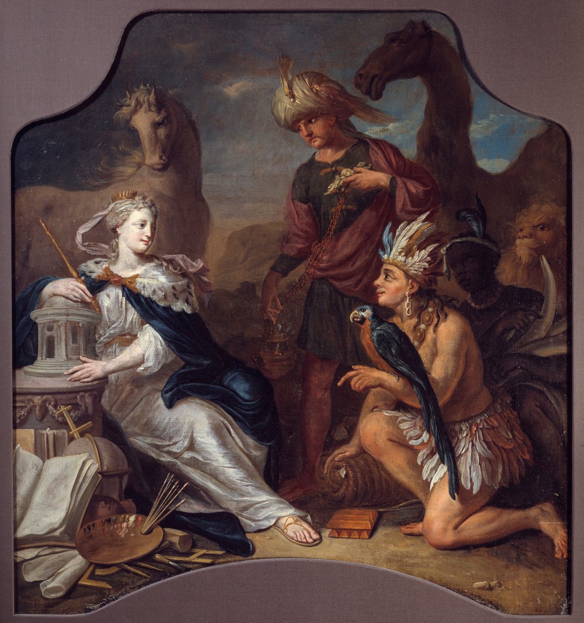 Alegoria dos Quatro Continentes Europa à esquerda, detectando o património, a cultura e as artes, enfrenta a América, a Ásia e a África (nas sombras), prestando-lhe homenagem. Pintura da escola anônima. Século XVIII. La Rochelle, Museu do Novo Mundo de Unknown artist