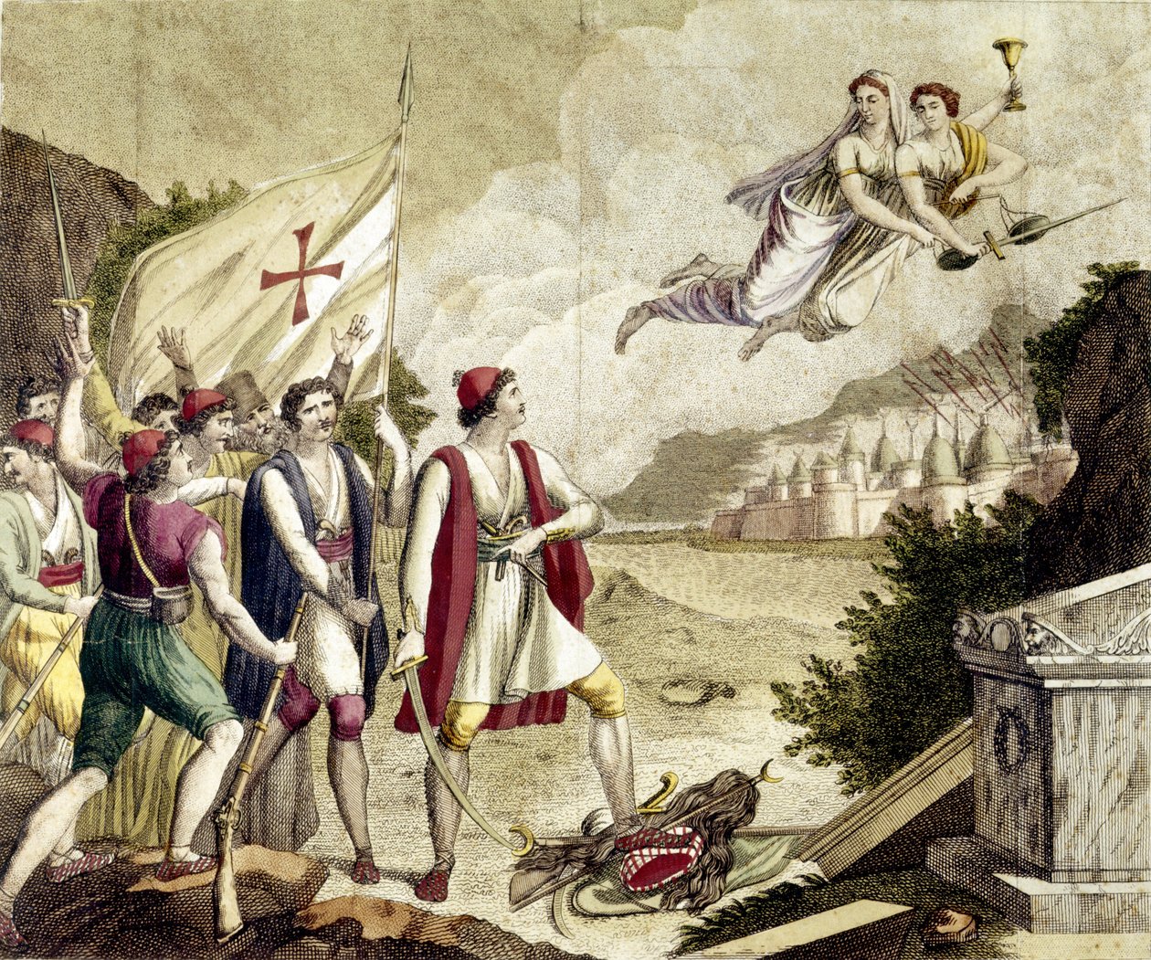 Alegoria do despertar do sentimento nacionalista da Grécia sob o domínio otomano que levou à Guerra da Independência Grega (1821-1830) ou à Revolução Grega. de Unknown artist