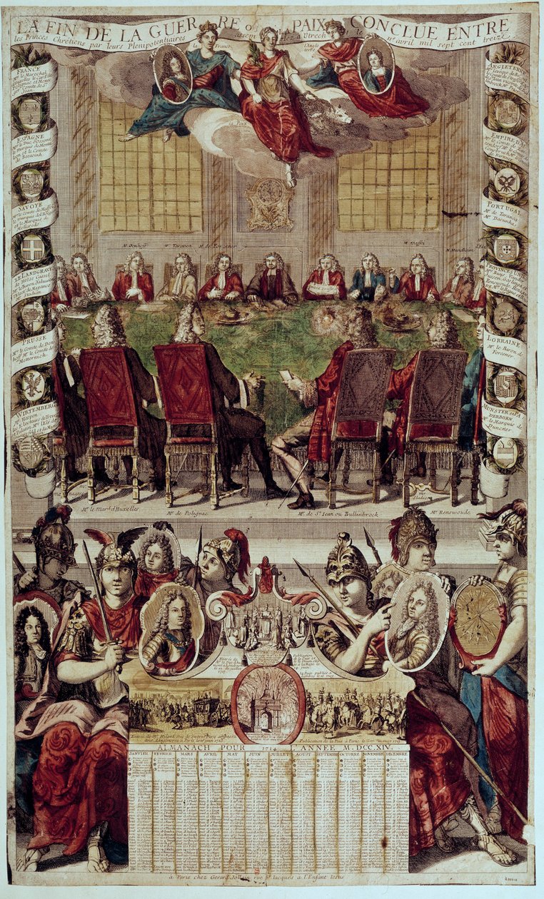 Almanach: representação do Tratado de Utrecht que põe fim à Guerra da Sucessão espanhola, assinado em França (Cardeal de Polignac) e Inglaterra a 11 de Abril de 1713. 1714. Paris, B.N. de Unknown artist