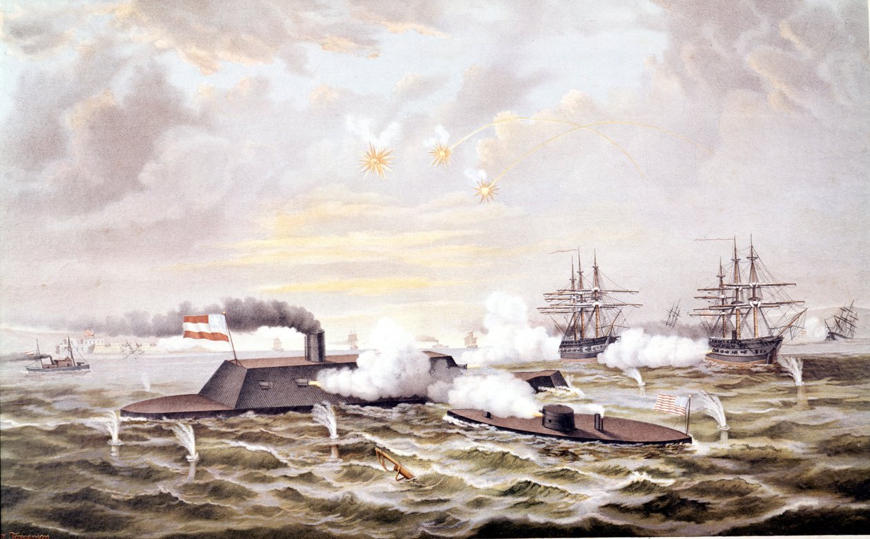 Guerra Civil Americana (1861 - 1865): Batalha Naval de Hampton Roads (Virgínia) 08-09 de março de Unknown artist
