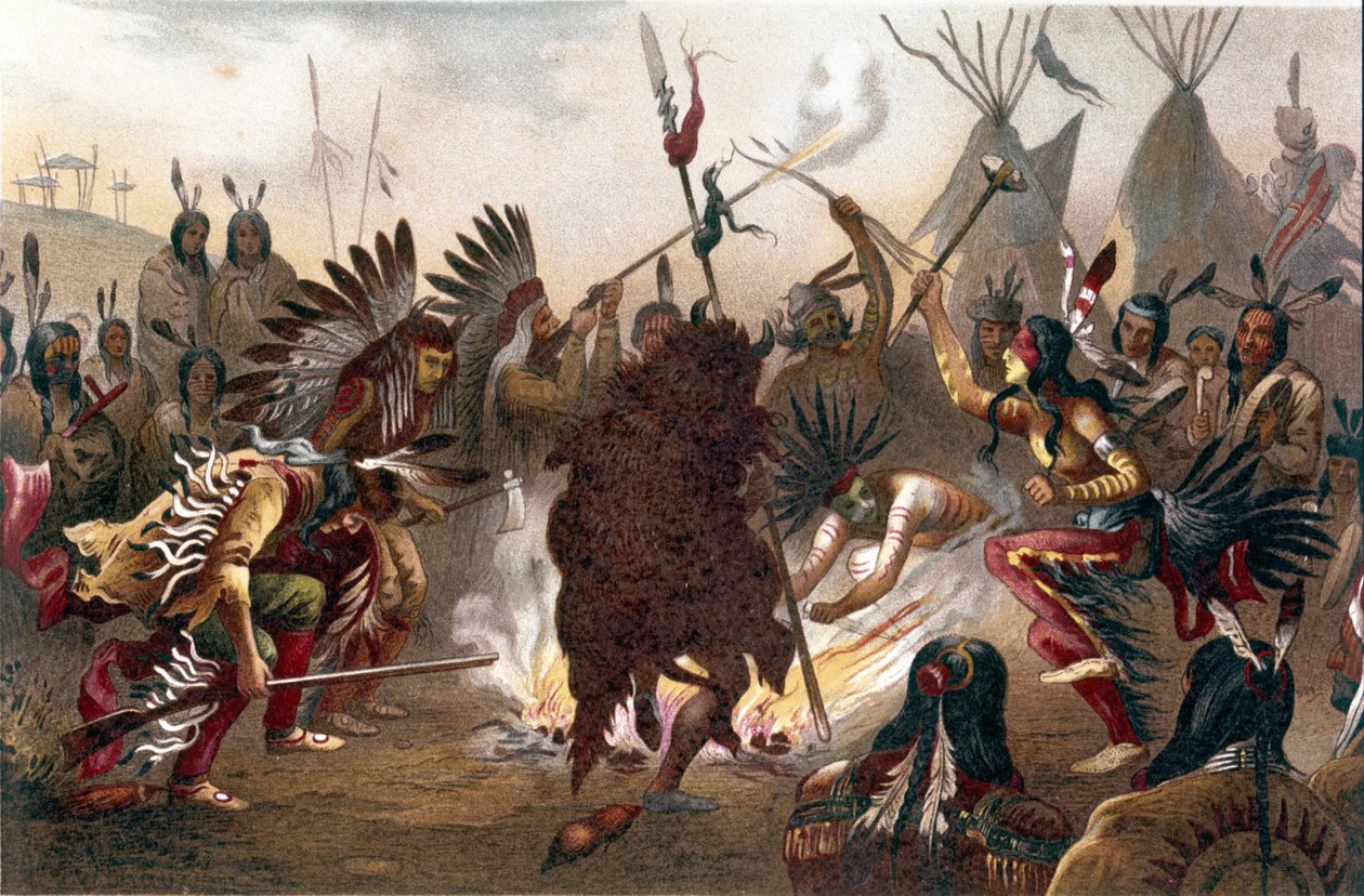 Ritual Índio Americano (Índios das planícies do Dakota do Sul): Dança de Guerra Sioux. cromolitografia de "A raça humana" de Ratzel, aproximadamente 1890 de Unknown artist