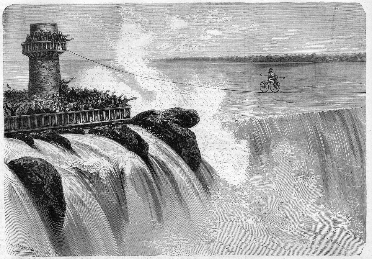 American Jenkins atravessando as Cataratas do Niágara em um Velocipede em 1869. de Unknown artist