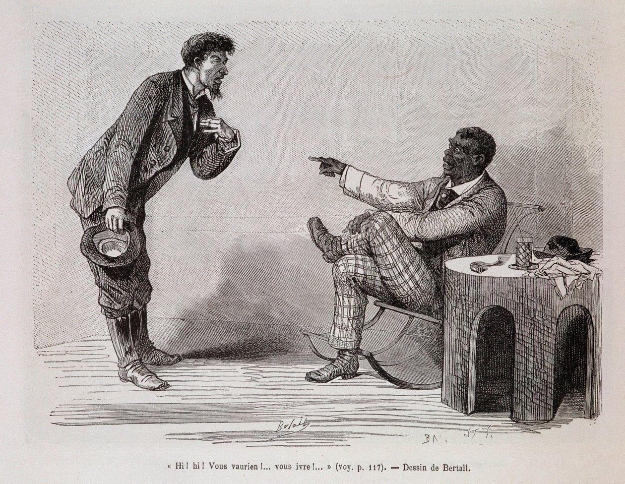 Preto americano zombando de um branco bêbado - em "Le tour du monde", 2º semestre de 1876 de Unknown artist