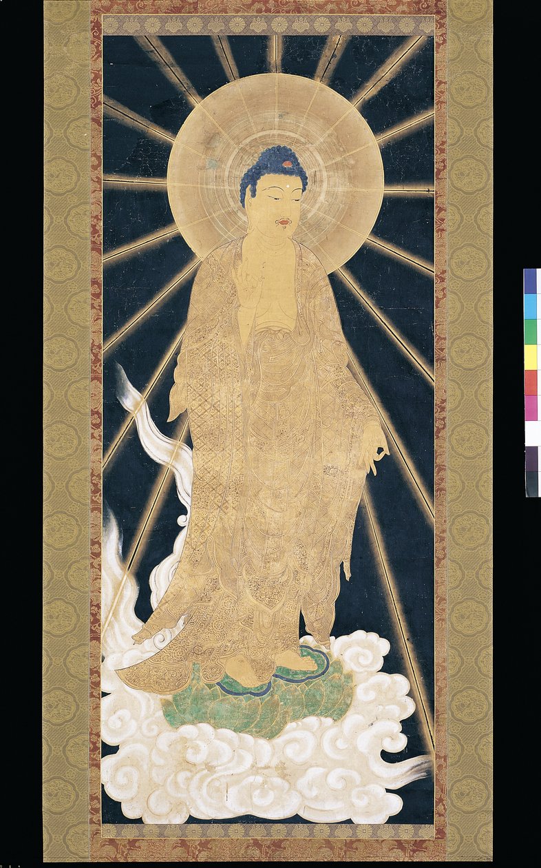 Amitabha (Amida) Tríade Descendente do Céu (pigmento sobre konshi (papel de arroz azul)) de Unknown artist