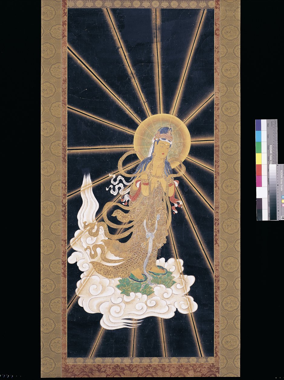 Amitabha (Amida) Tríade Descendente do Céu (pigmento sobre konshi (papel de arroz azul)) de Unknown artist