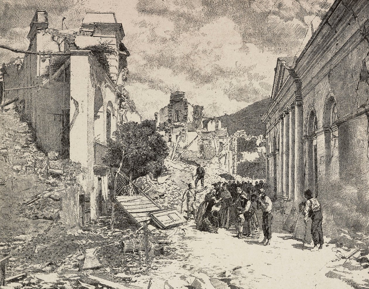 Entre as ruínas após o terramoto na estância balnear de Balliazzi, Itália de Unknown artist