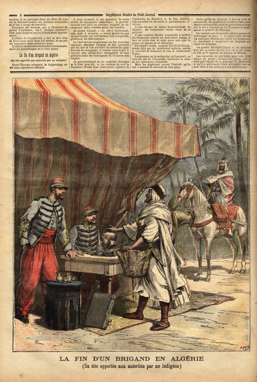 Um argelino de origem argelina traz o chefe do bandido Ali Ould Chick, que havia liberado o correio de Nemours, por um bônus de 1500 francos, ao escritório de Marnia, um posto militar francês construído em 1844 no departamento de Oran, na fronteira com a A de Unknown artist