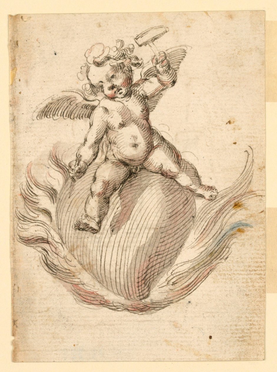 Um anjo martelando um cinzel em uma besta ardente de Unknown artist