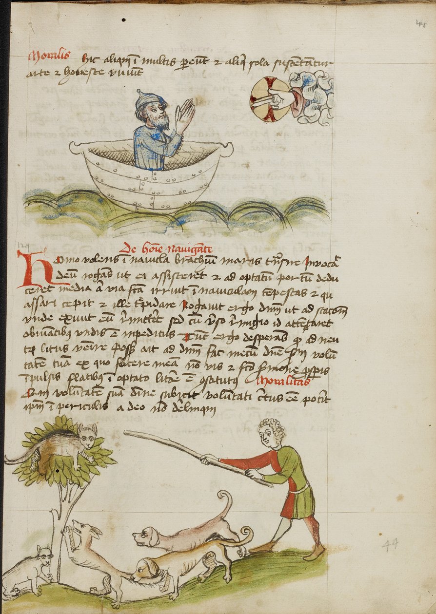 Um homem idoso em oração num barco; um gato numa árvore sob a qual está uma raposa de Unknown artist