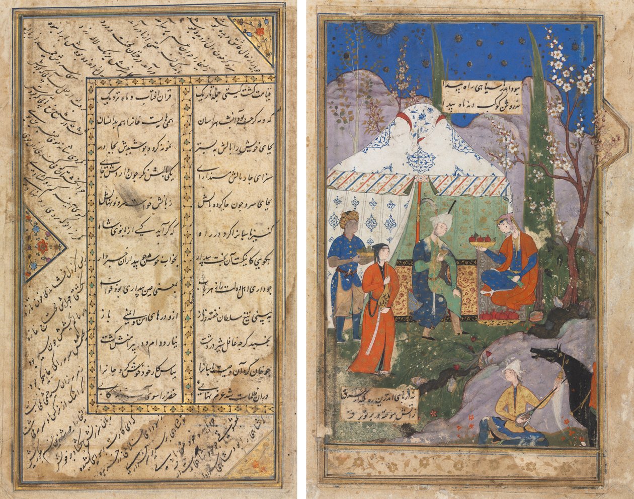 Um episódio da história do rei sassânida Khusrau e sua amada Shirin, de um Khamsa (Quinteto) de Nizami (1141–1209) (verso); Versos persas de um Haft Awrang (Sete Tronos) de Jami (d. 1492) (reto) de Unknown artist