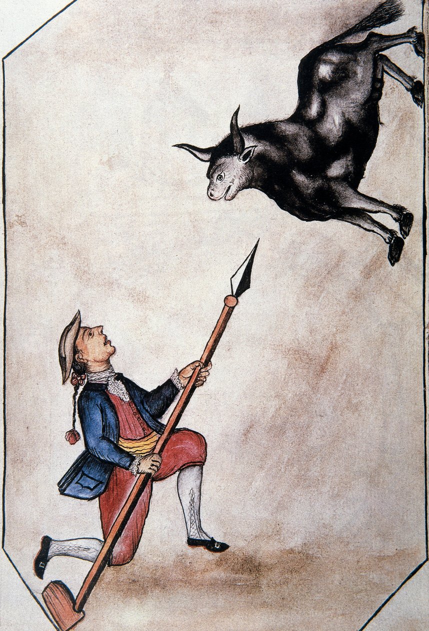 Um índio apontando de sua lança um touro, do livro "Trujillo del Peru" ou "Códice Martínez Compañón", de Baltazar Martínez Compañón y Bujanda, bispo de Trujillo (1782-1785) de Unknown artist