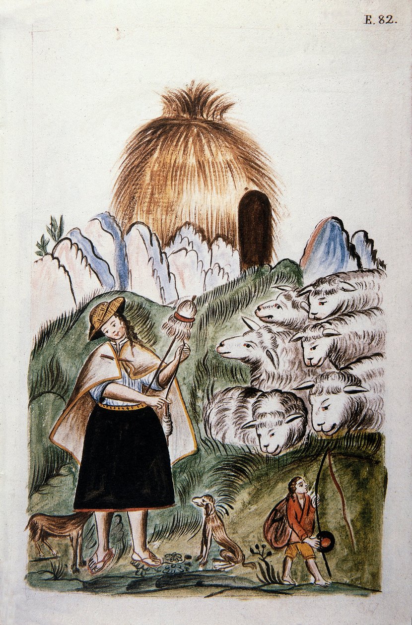 Uma pastora indígena perto de sua cabana com seu rebanho, do livro "Trujillo del Peru" ou "Códice Martínez Compañón", de Baltazar Martinez Compañón y Bujanda, bispo de Trujillo (1782-1785) de Unknown artist