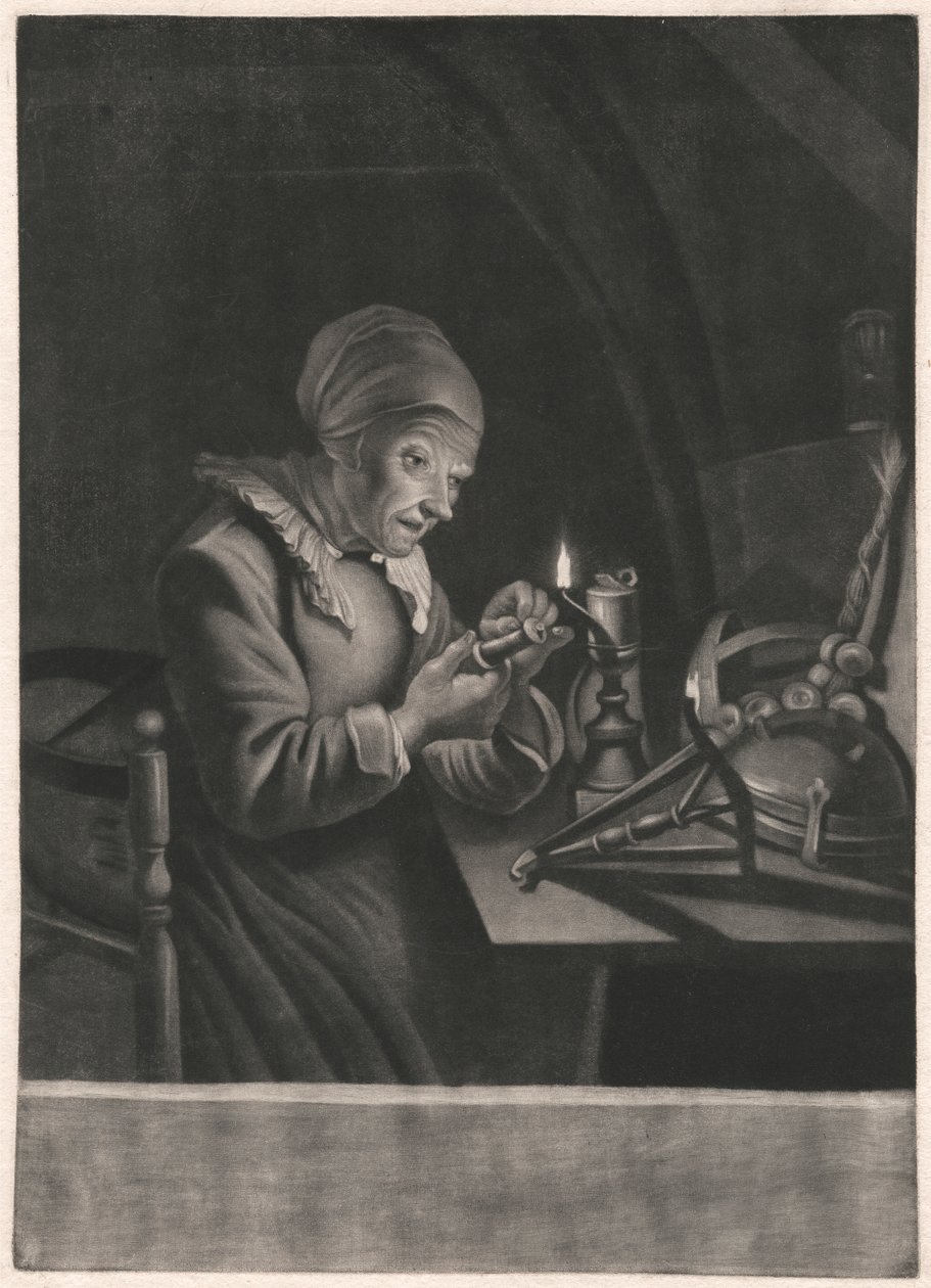 Uma mulher idosa repara a sua roda giratória de Unknown artist