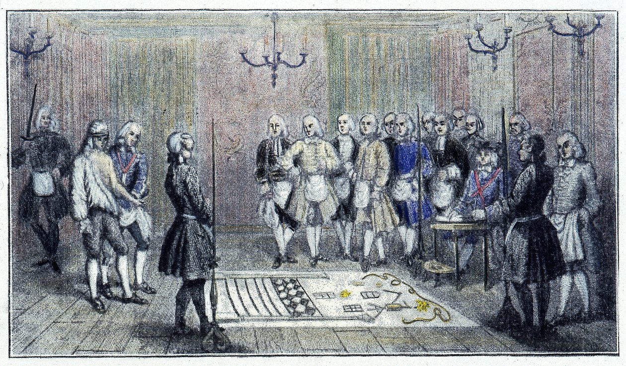 Um alojamento de aprendizes em Paris, cerca de 1740: esta cena representa a recepção de um "aprendiz" maçon (no chão a pintura do alojamento de aprendizes) - de acordo com uma gravura da época. de Unknown artist